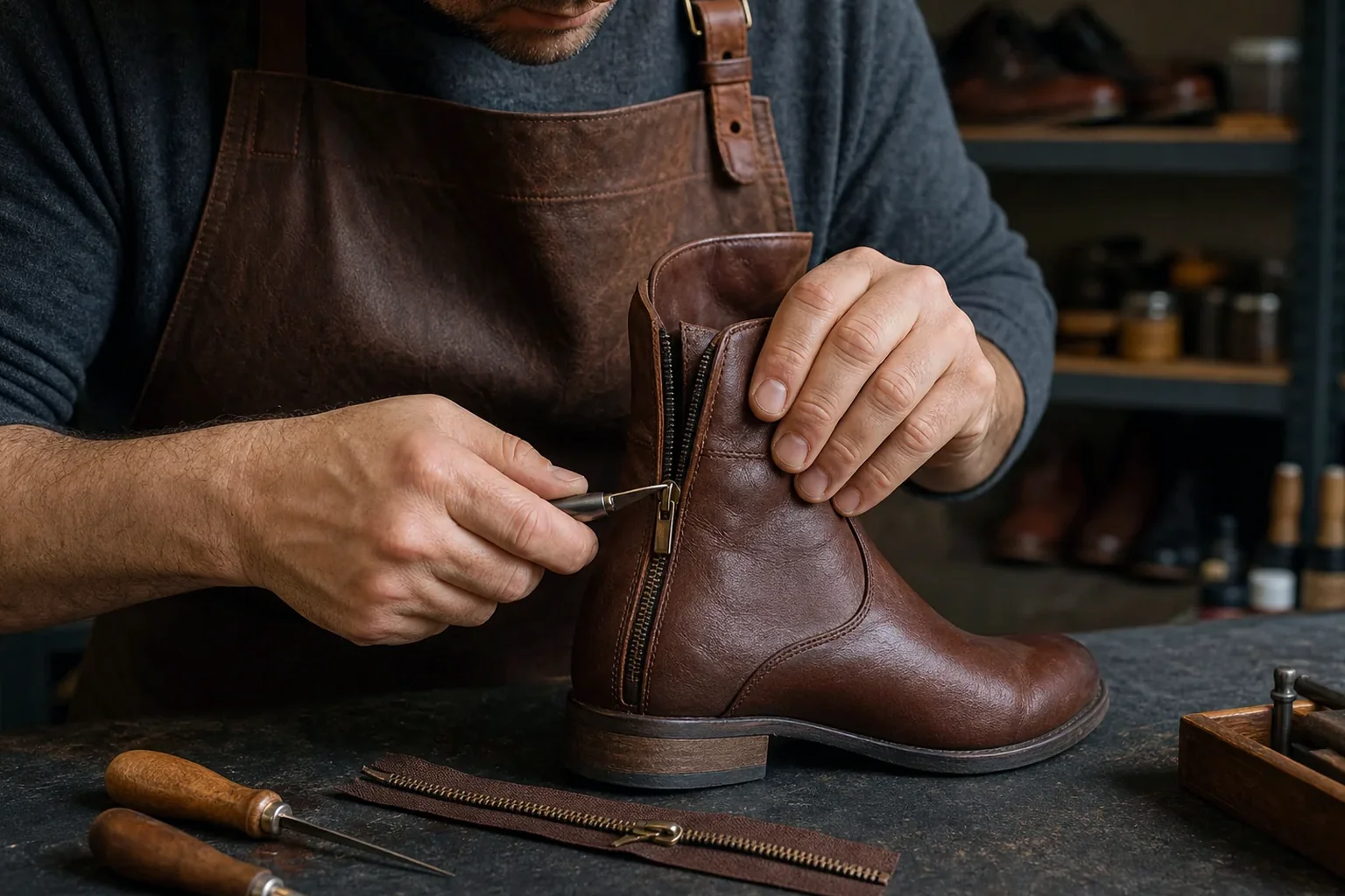 Sapateiro consertando um zíper de bota.
